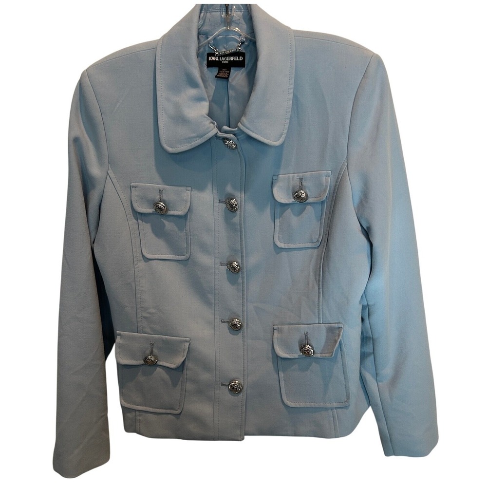 Karl Lagerfeld Short Jacket Fitted Button Front Pockets Blue‎ Size 14P Blazer
